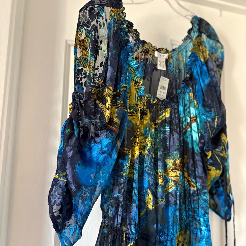 Cache Silk Blend Blouse Blue Gold Marble Ruffle Whimsical Flowy Boho Celestial S - Picture 2 of 8